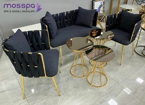 Gold Metal Ayaklı Bekleme ve Çay Koltuk Seti