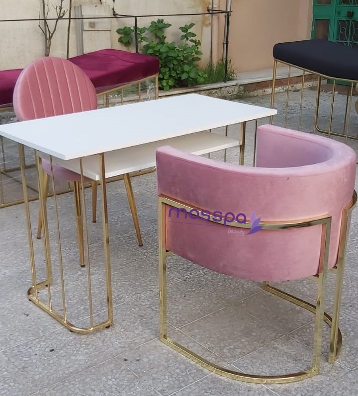 Gold Metal Kaplama Protez Tırnak ve Kalıcı Oje Masası & Müşteri ve Uzman Sandalyesi