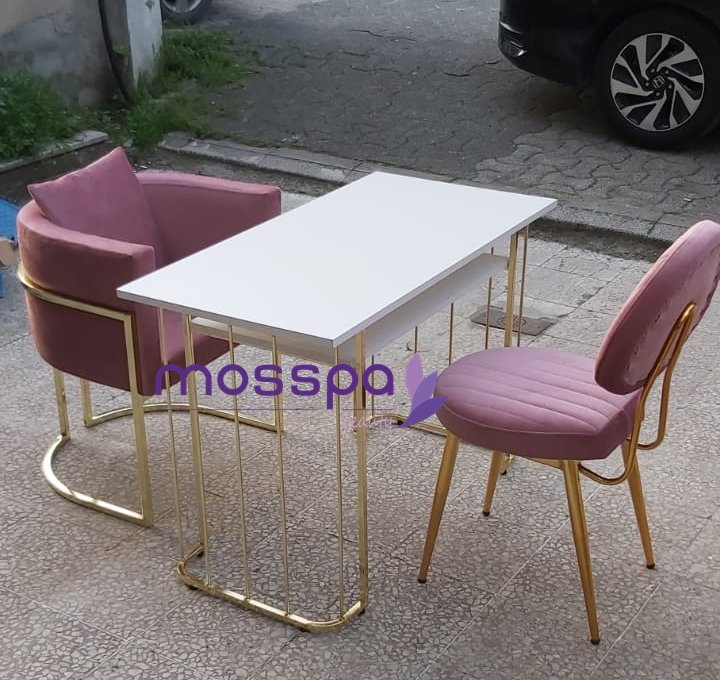 Gold Metal Kaplama Protez Tırnak Masası ve Uzman Sandalyesi