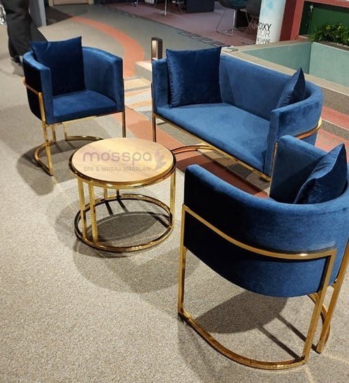 Gold metal kaplama çay seti koltuk takımı ve orta sehpa