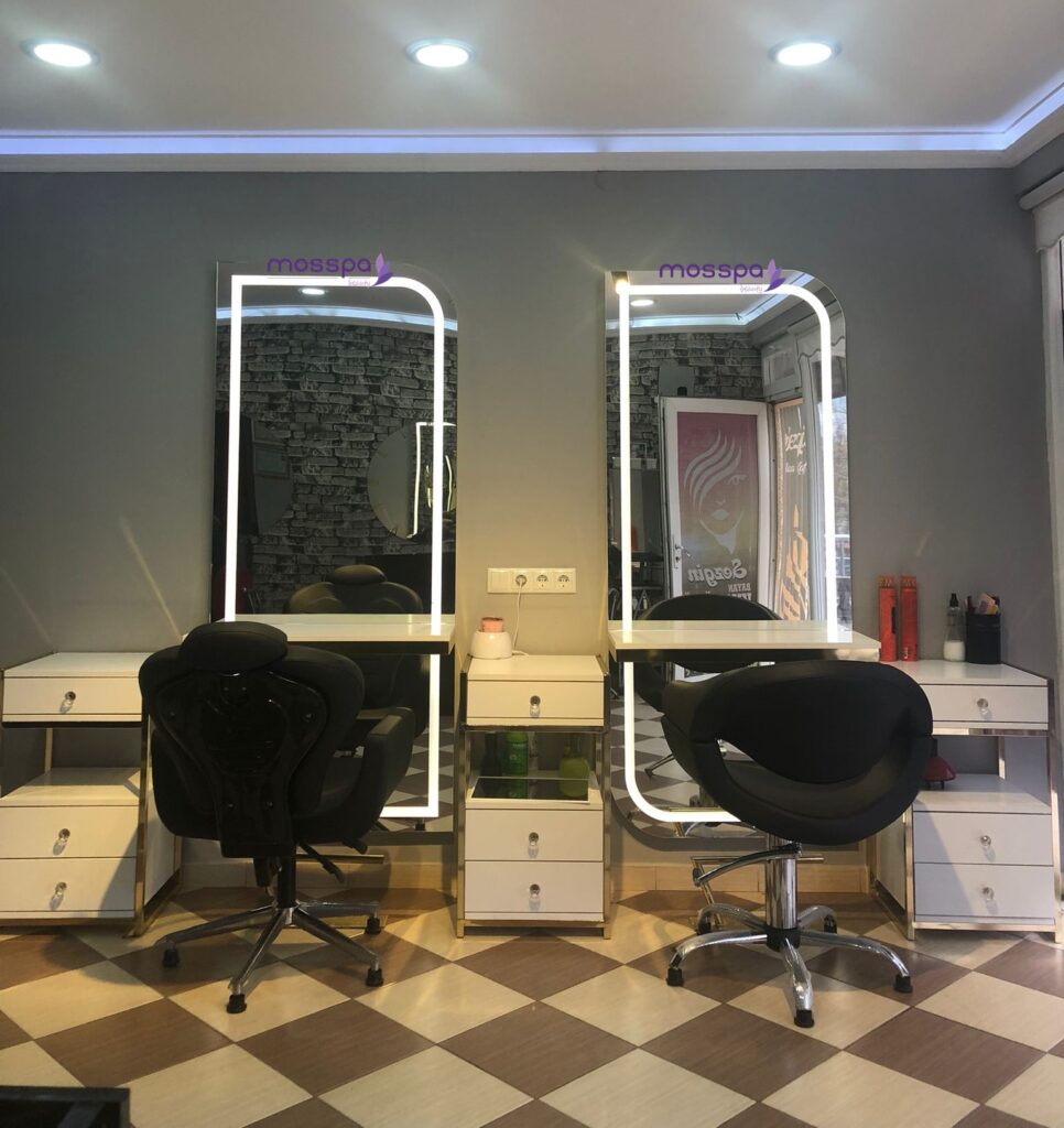 Bay Bayan Kuaför Salonu Saç Tarama Tezgahı Led Işıklı Ayna Çekmeceli Etajer 