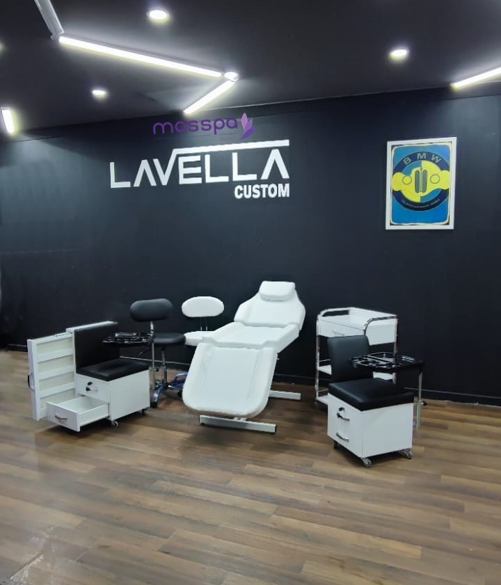 Kisisel bakım kozmetik profesyonel ekipmanlar cilt bakım sedyesi raflı etejer arkalıklı uzman tabure seti mosspa beauty